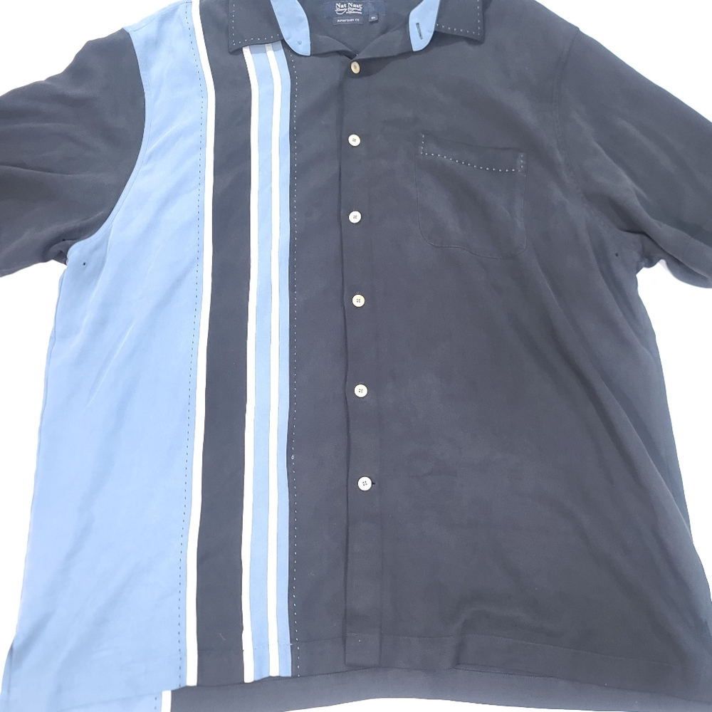 Nat Nast Luxury American Fit 100% Silk Camp Bowlers Shirt Mens XL Black Blue